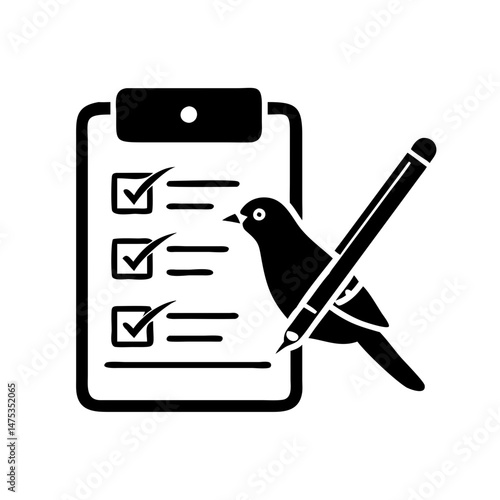 Bird completing checklist with a pencil, managing tasks and being organized