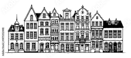 european old town building facades in engraved vector style