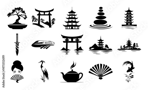 japanese culture icons set in minimal black silhouette style