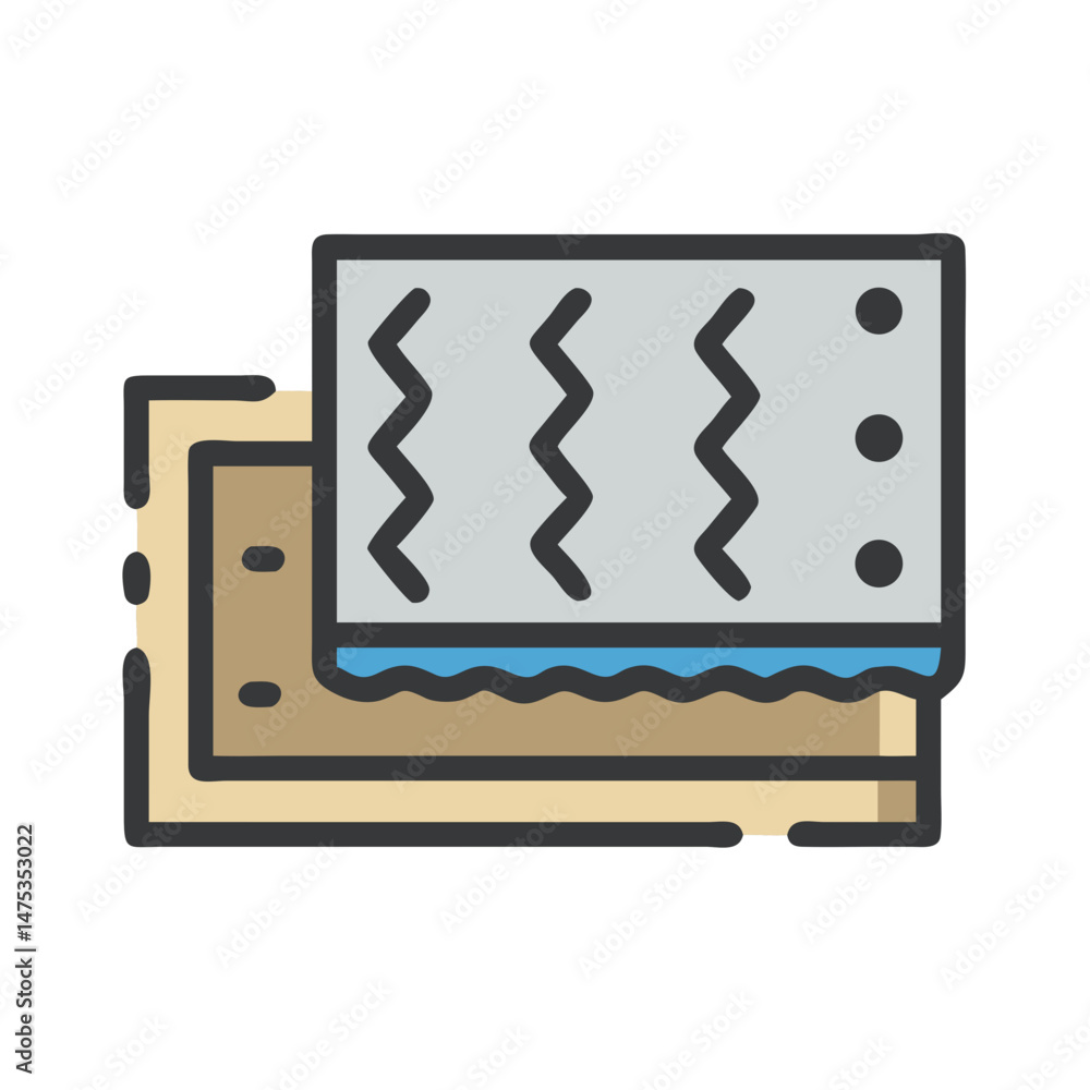 Acoustic layered soundproofing material, architectural construction, graphic representation Acoustic layered soundproofing material, architectural construction, graphic representation