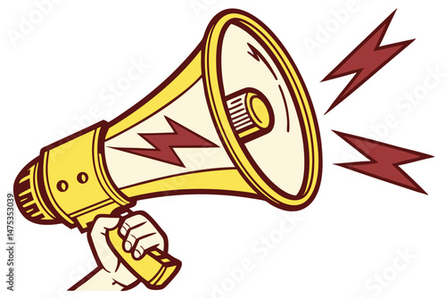 149 3d render, high detail, concept art, cartoon megaphone, yellow bullhorn in hand, lightning bolt graphic, compelling visual, captivating design, dramatic composition, bold and eye-catching, digital