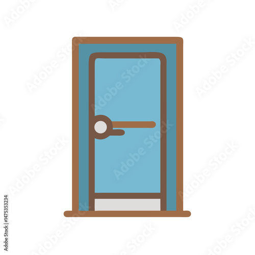 Blue stylized door illustration with brown frame on White