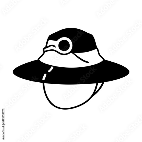 Stylized graphic image of a pith helmet with a chinstrap for protection