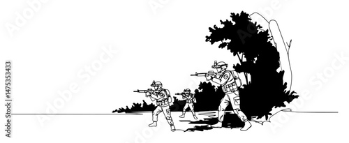 soldiers in combat position silhouette scene in black vector style