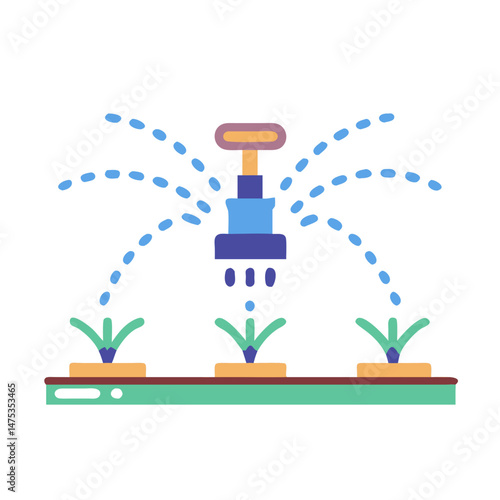 Cartoon-style sprinkler irrigates small crops on a green platform
