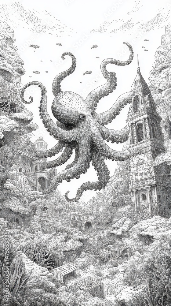 Fototapeta premium Massive underwater octopus above ruined city structures.