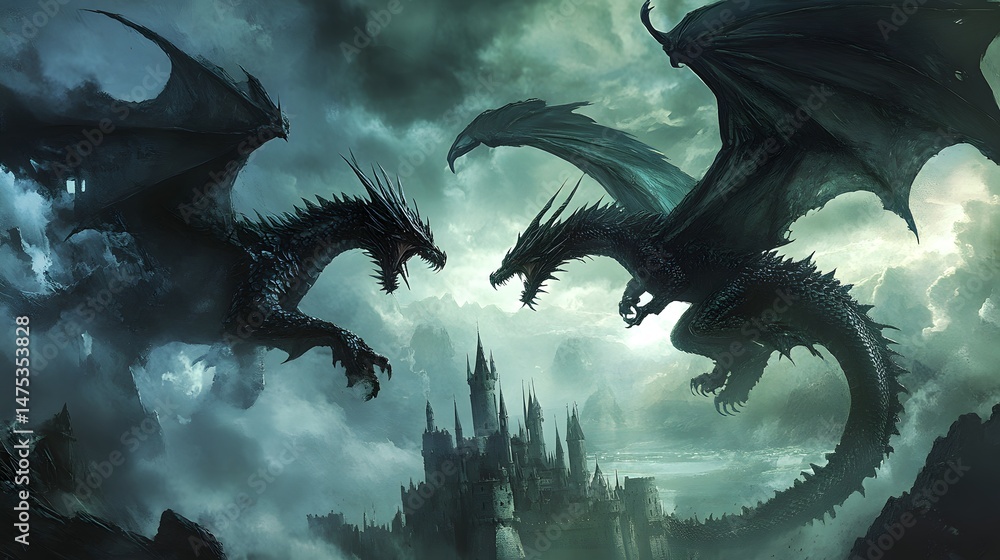 Obraz premium Clash of the Titans: Two imposing black dragons locked in a fierce aerial battle, silhouetted against a dramatic sky with a mysterious castle looming in the distance. Their scales gleam under a dark.