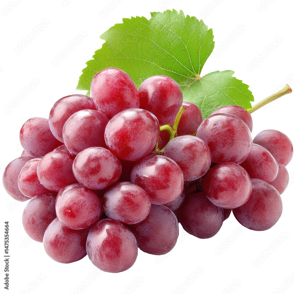 Fototapeta premium Fresh red grapes with green leaves on a clean Transparent background ready for a healthy snack or recipe, Red grapes on PNG background