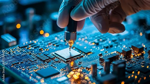 Close-up of a technician applying precision work on a circuit board in a dimly lit lab