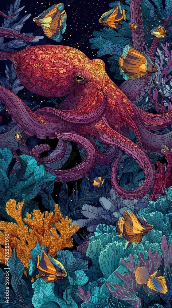 custom made wallpaper toronto digitalColorful underwater scene featuring an octopus amongst vibrant coral.