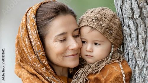 Warm Embrace: A mother tenderly cradles her child, their faces alight with the deep, abiding affection that defines motherhood. The scene is bathed in the soft glow of the sun.