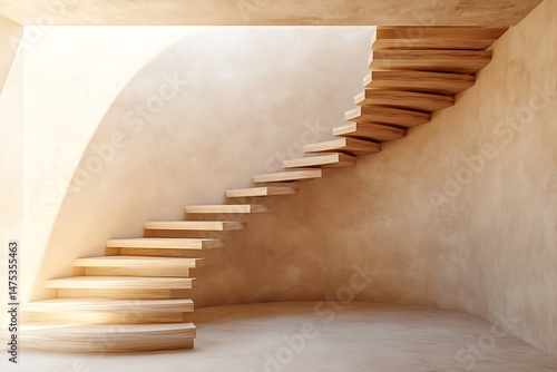 Light beechwood floating staircase wrapping subtly around a smooth curved plaster wall