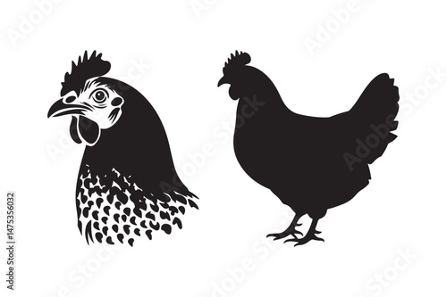 Chicken Silhouette and Hen Head Vector Clipart Farm Animal Graphic Art Set