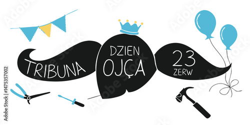 Father's Day Banner Illustration: A stylish banner to celebrate Father's Day, featuring decorative mustache, tools and balloons. 