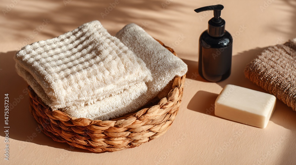 Flat lay with basket, hand soap, clean towels and minimalist scent sticks, pastel surface Flat lay with basket, hand soap, clean towels and minimalist scent sticks, pastel surface