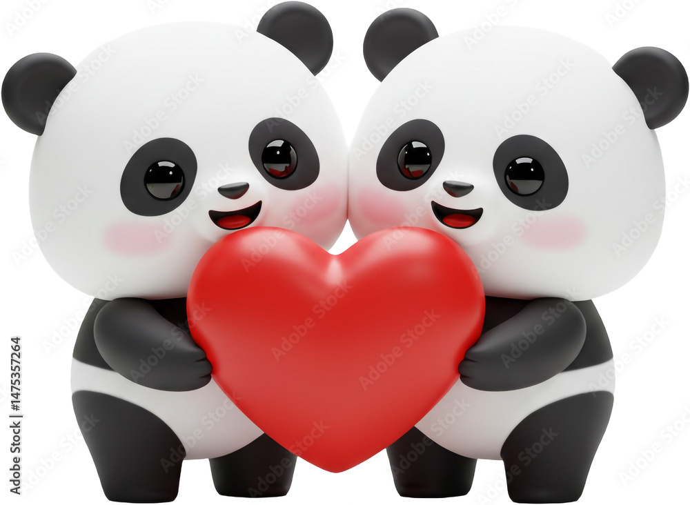 Obraz premium Kawaii 3D cartoon pandas holding a big heart together