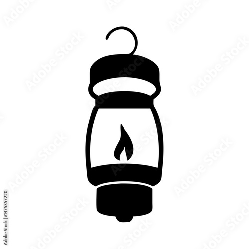 Stylized vintage camping lantern silhouette with hanging hook and flame inside