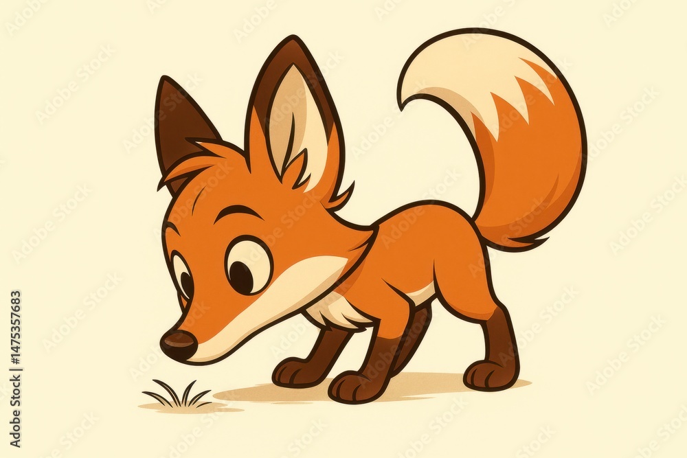 Obraz premium A cartoon fox with a curious expression, sniffing an invisible flower on the ground on a light cream background