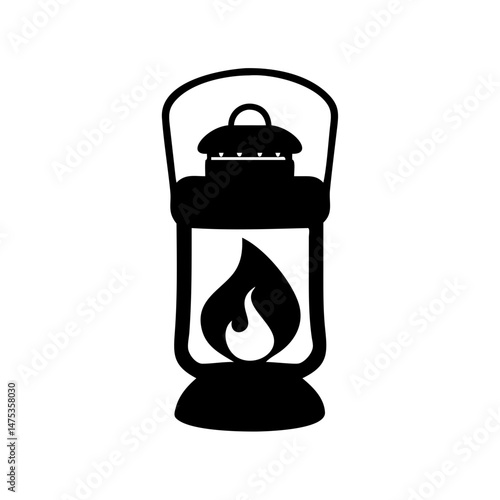 Classic Black Silhouette of an Old Fashioned Kerosene Lantern with Flame