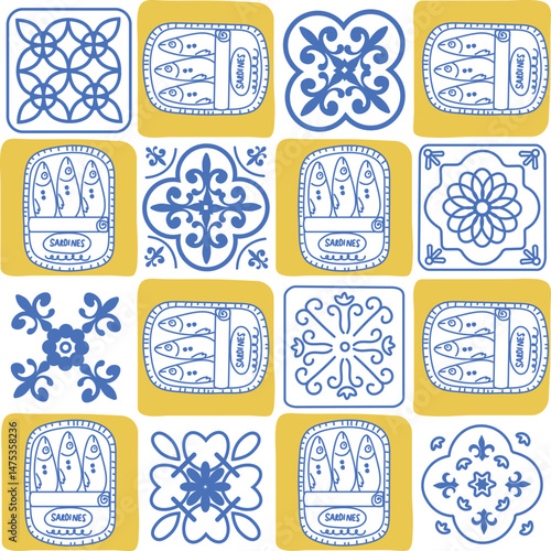 Portuguese sardine and tile pattern. Cute seamless geometric print. Hand drawn fish and Mediterranean food. Perfect for wallpaper, textile and background.