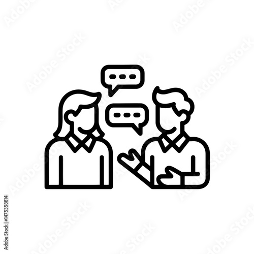 Two people are depicted in a simple black line drawing, engaged in conversation with speech bubbles above them