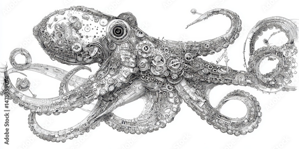Obraz premium Detailed intricate drawing of an octopus.