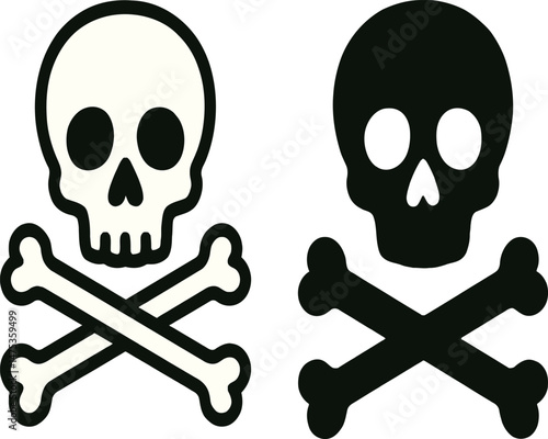 Skull and crossbones icons vector of warning danger symbols with human skull and bones, black pirate death illustration
