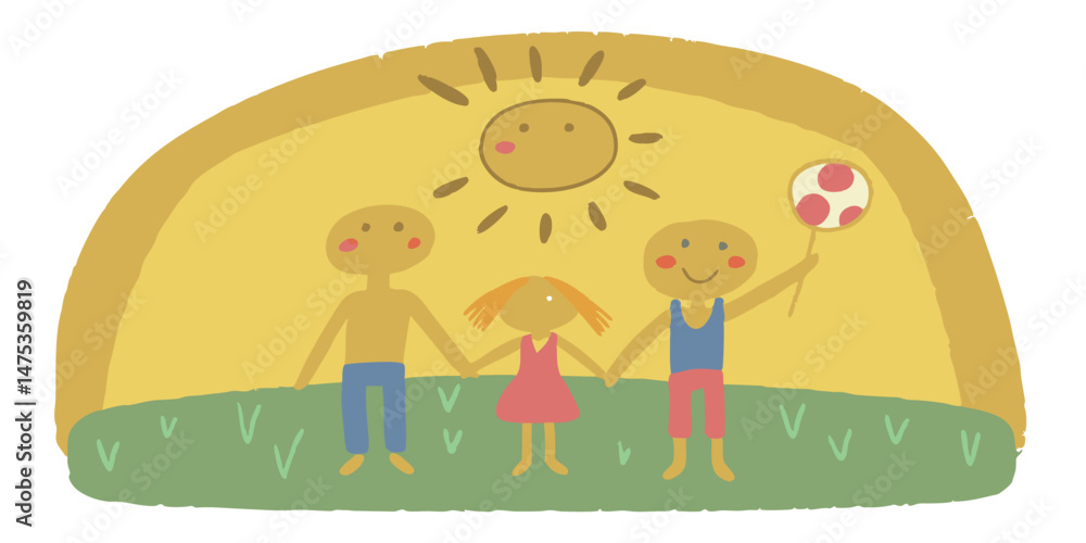 Obraz premium A joyful family enjoying sunshine: A heartwarming illustration depicts a family of three holding hands, basking in the warmth of a radiant sun, and a vibrant scene of family bond. 