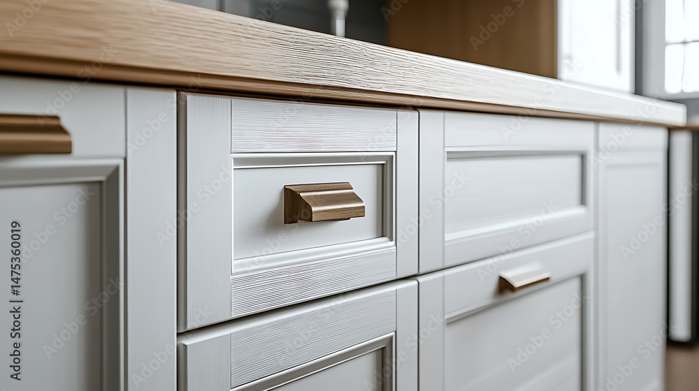 Fototapeta premium Modern Kitchen Cabinet with Wooden Countertop and Brass Handles