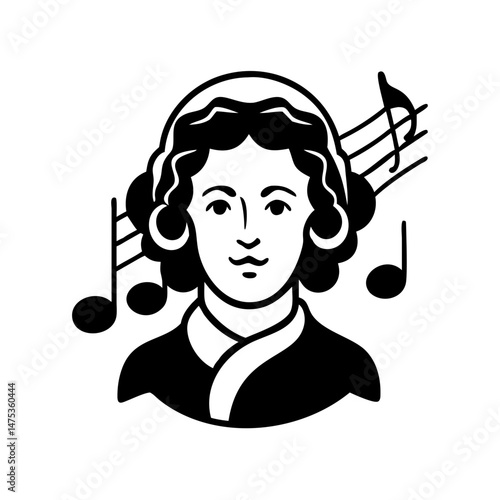 Stylized monochrome portrait of classical composer in headphones with musical notes