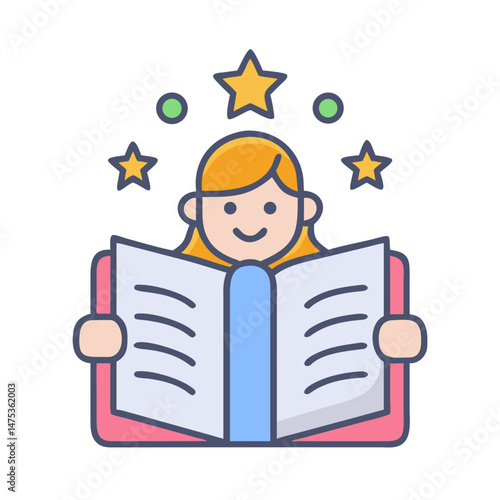 Girl reading book with stars and dots illustration