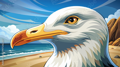  portrait close up Seagull Portrait with Beach Backdrop, detailed view of seagull's beak and eye, soft beach scene, ample space for text, serene coastal ambiance Very beautiful
