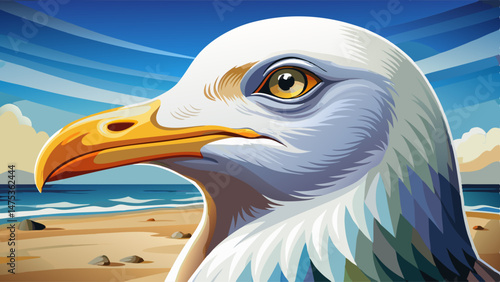  portrait close up Seagull Portrait with Beach Backdrop, detailed view of seagull's beak and eye, soft beach scene, ample space for text, serene coastal ambiance Very beautiful