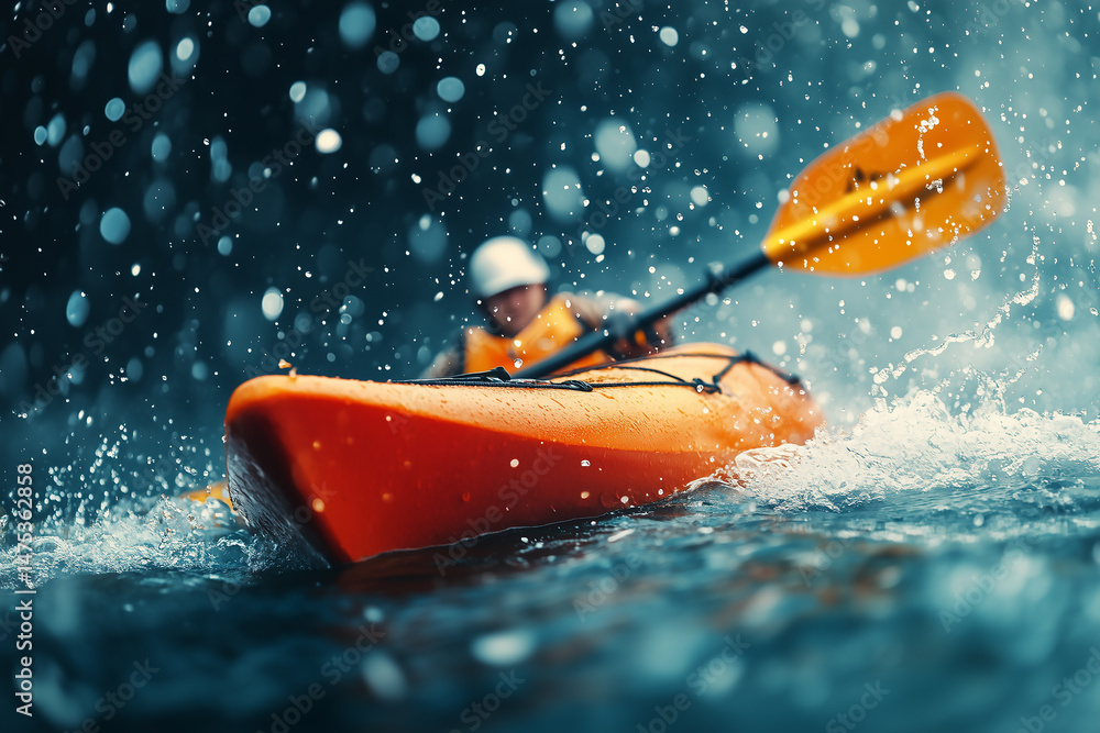 Fototapeta premium kayaker navigating intense whitewater with orange paddle and kayak under dramatic splash and motion
