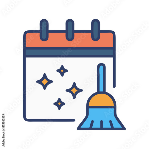 Calendar with cleaning broom illustrates schedule for cleaning task