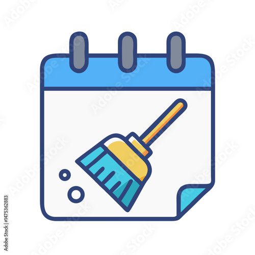 Blue calendar icon with a cleaning broom illustration