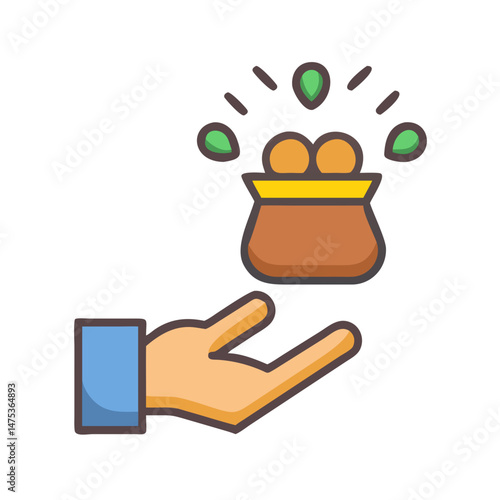 Hand offering pouch overflowing with golden coins and gems