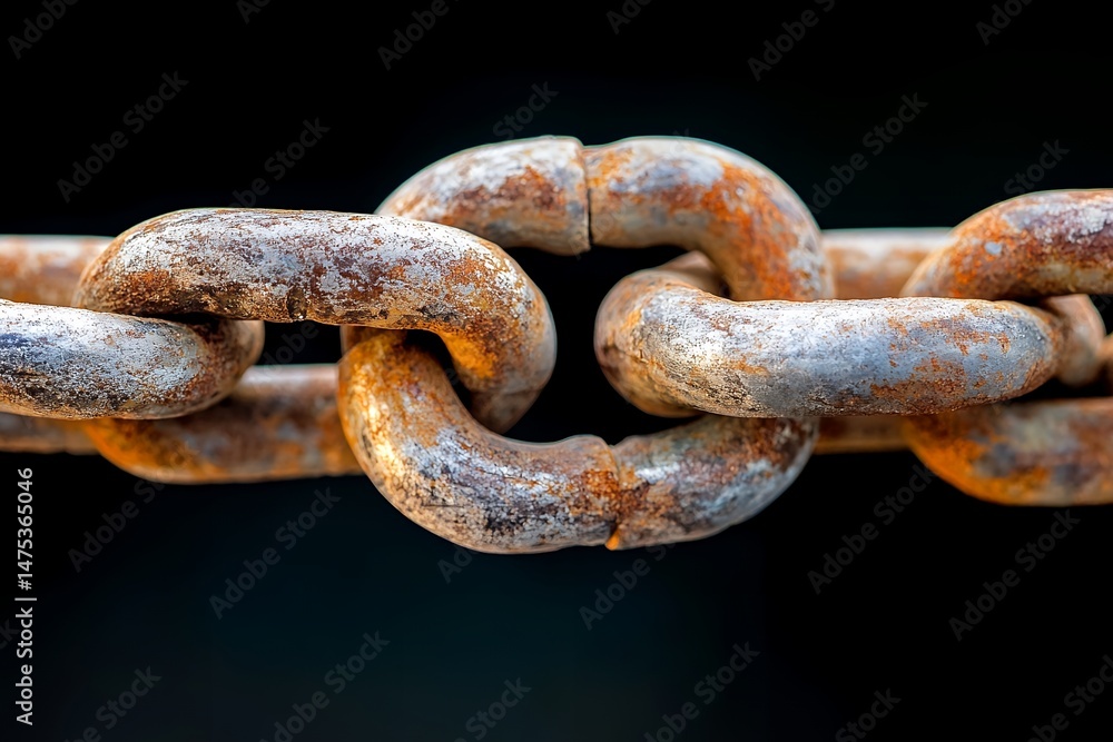 Fototapeta premium Close-up of weathered rusty metal chain links against black background