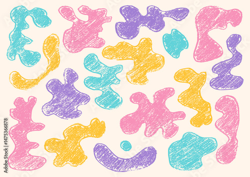 Set of hand drawn organic liquid crayon shapes and forms. Childish fluid crayon elements. Doodle geometric crayon shapes in retro style.