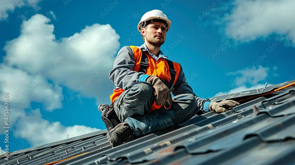 Roofing Contractor at Work: High Angle View of a Professional Installing Solar Panels on a Residential Roof Under a Sunny Sky Roofing Contractor at Work: High Angle View of a Professional Installing Solar Panels on a Residential Roof Under a Sunny Sky