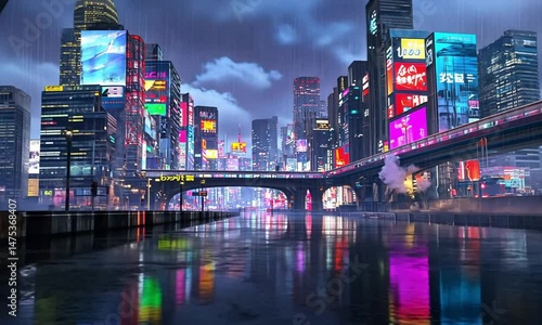 Futuristic city reflected in water under an arched structure glowing with neon lights
