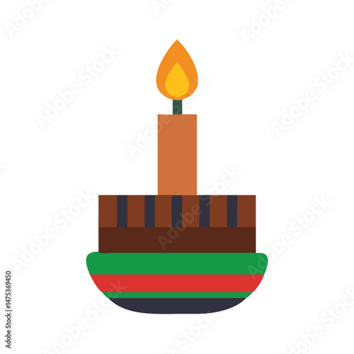 Celebratory cake with burning candle isolated on black background
