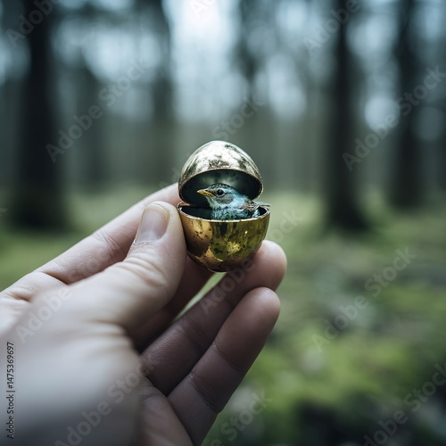 Hand Holding Tiny Golden Egg with Bird in Enchanted Forest