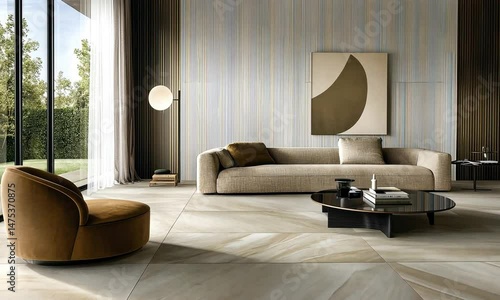 Modern living room featuring light toned furniture abstract art and luxurious marble flooring