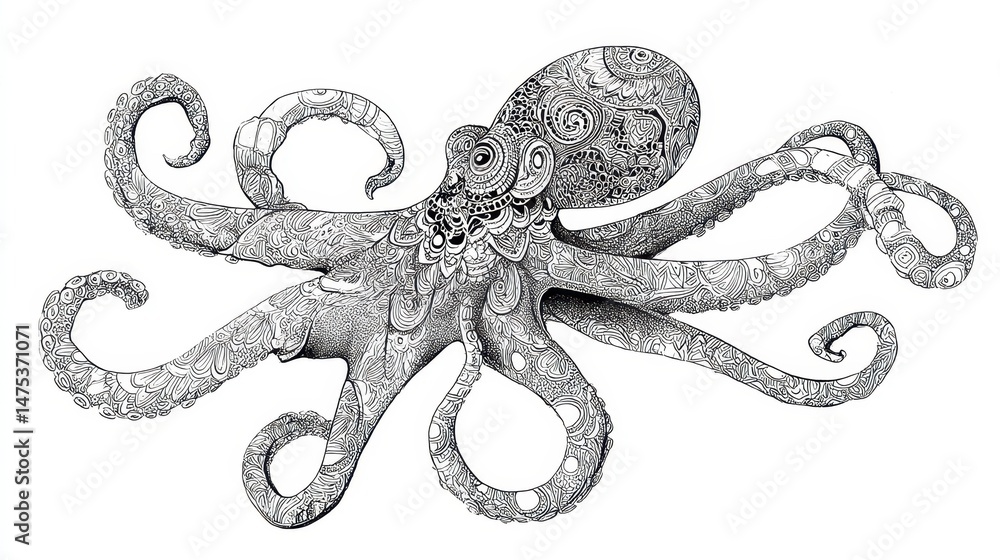 Obraz premium Ornate monochrome illustration of an octopus.