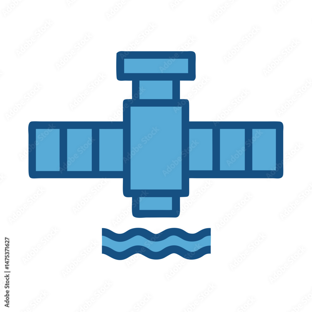 Stylized satellite icon hovering over wavy ocean surface illustration Stylized satellite icon hovering over wavy ocean surface illustration
