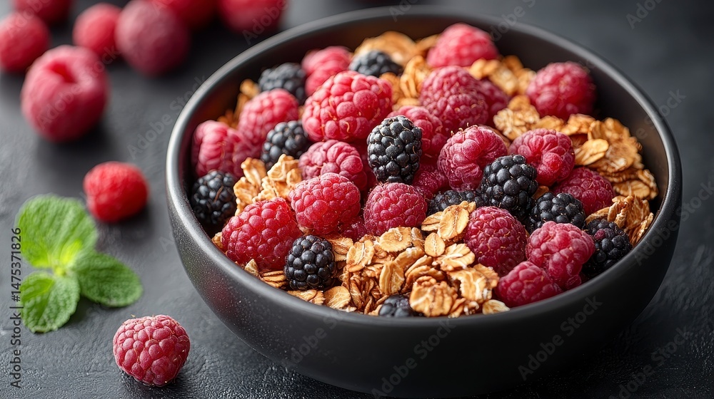Cereal bowl overflowing with vibrant raspberries and blackberries on dark surface Cereal bowl overflowing with vibrant raspberries and blackberries on dark surface