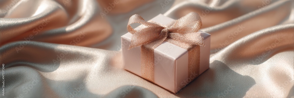 Small Present Wrapped With Ribbon Rests on Soft Satin Cloth, Illuminated by Gentle Pastel Light in a Serene Setting Small Present Wrapped With Ribbon Rests on Soft Satin Cloth, Illuminated by Gentle Pastel Light in a Serene Setting