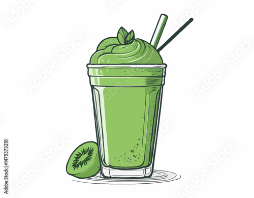 Stylized Line Art of a Green Smoothie with Straw for Juice Bar Menus and Detox Program Advertising.