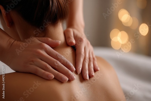 Wallpaper Mural Close-up of a professional massage therapist giving a relaxing shoulder massage to a woman in a dimly lit spa, focusing on wellness and stress relief. Torontodigital.ca